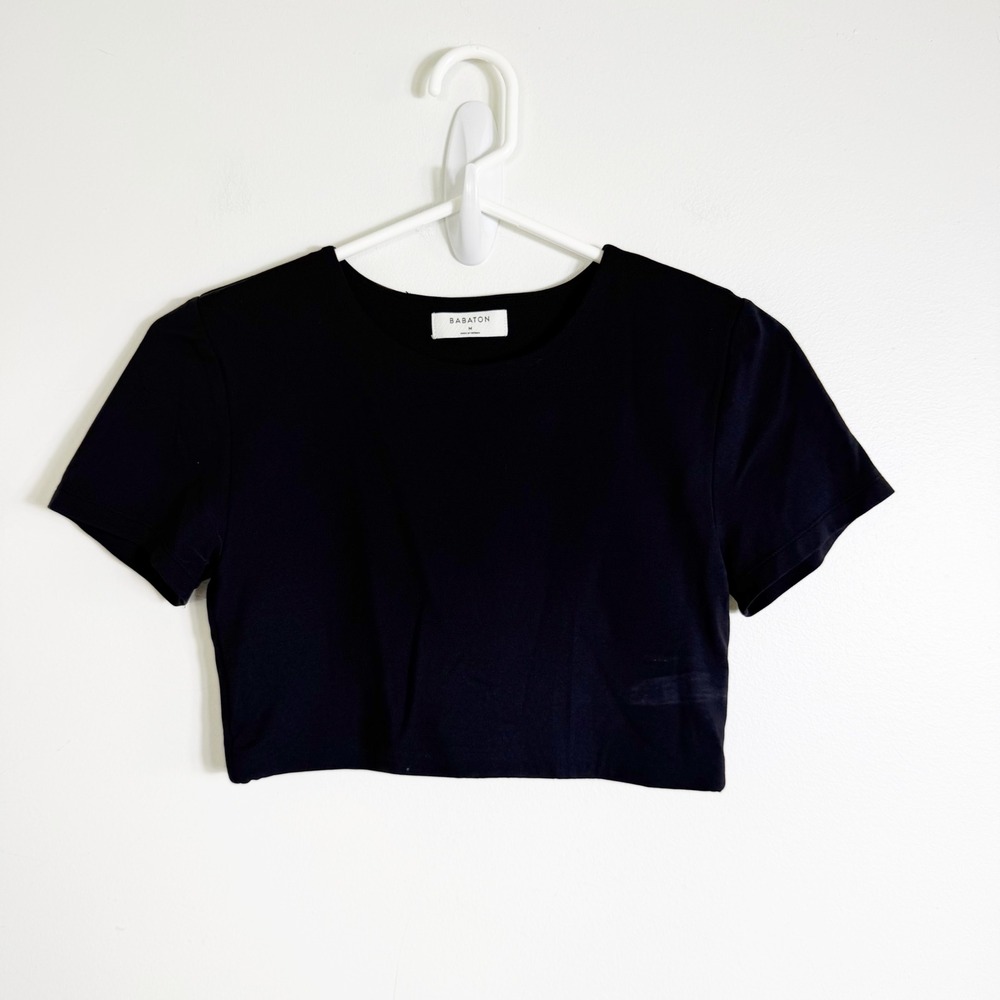 Aritzia Babaton Crop Top Women Medium Black Short Sleeve Crew Neck Fitted Tee